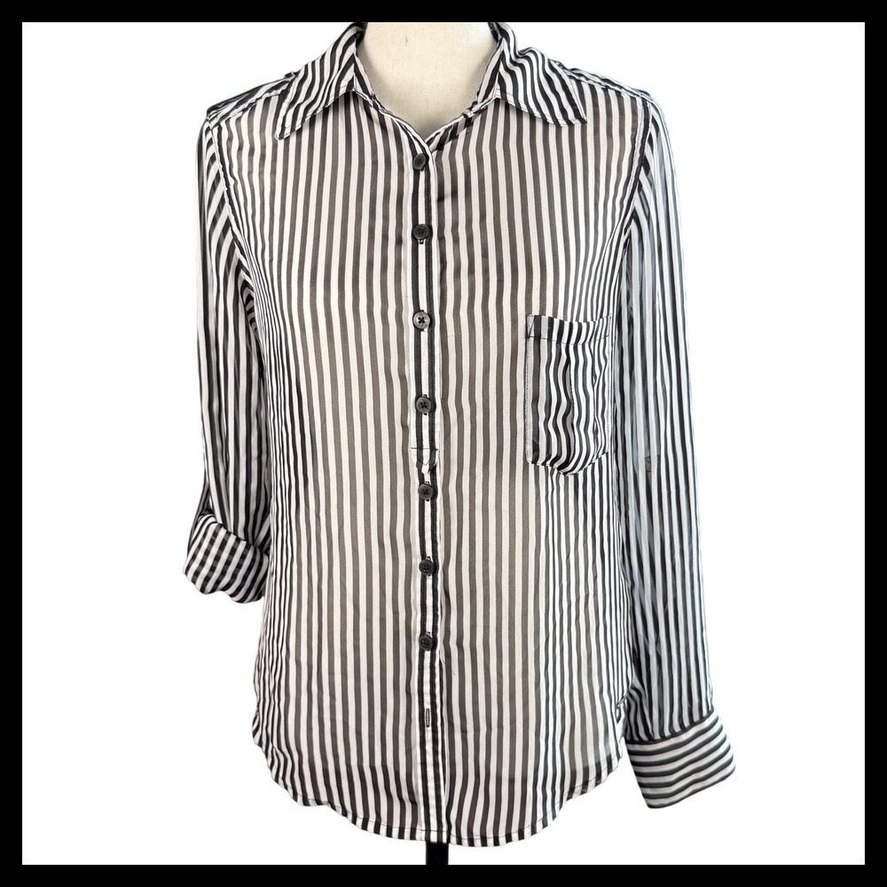 GUESS Los Angeles Women's‎ XS Black White Striped Sheer Button Down Blouse